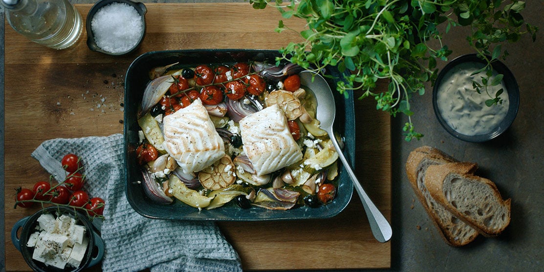 Norwegian cod with Greek flavors