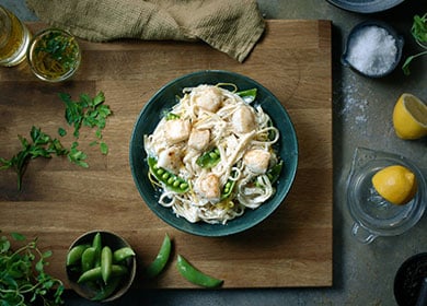 Pasta al limone with crispy Norwegian cod