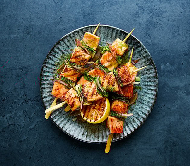 Grilled Norwegian fjord trout skewers