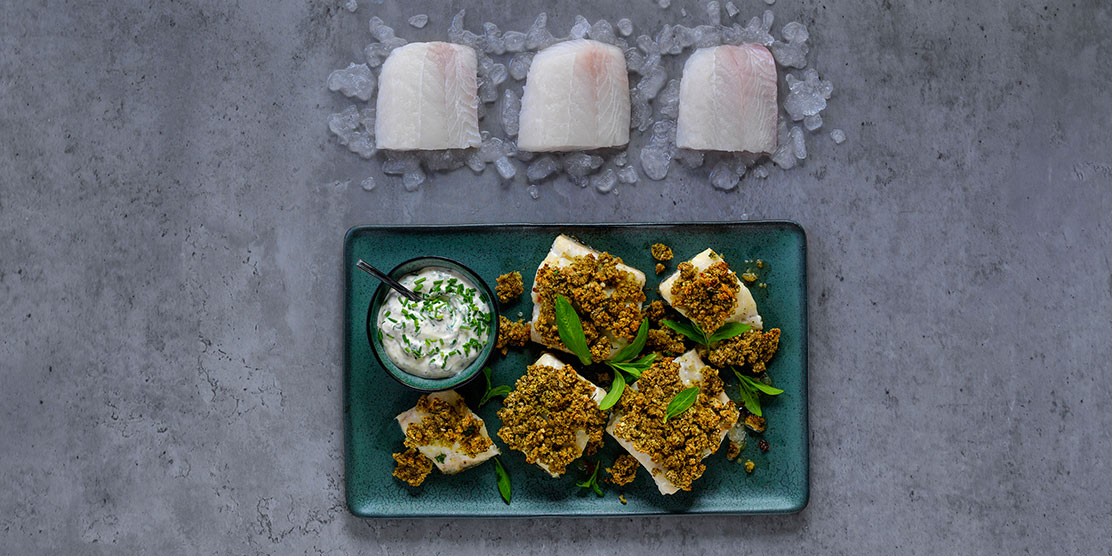 Baked Norwegian haddock with herb crust and tartare sauce