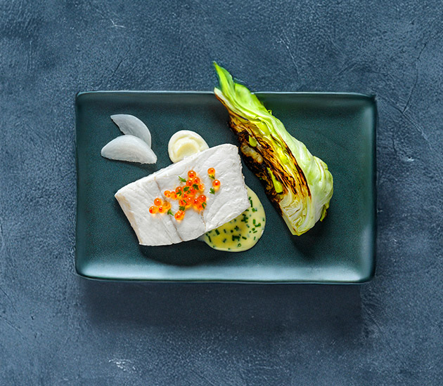 Steamed Halibut with grilled spring cabbage