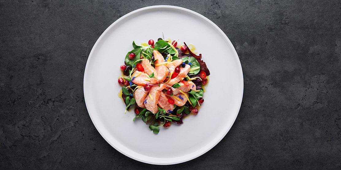 Norwegian salmon ceviche with mango and pomegranate