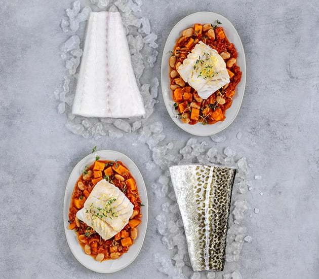 Skrei sautéed with beans, sweet potato and thyme 